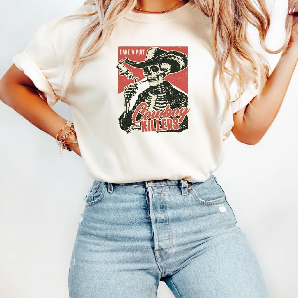 Vintage Skeleton Take A Puff Cowboy T-Shirt - Western Skull product image 11