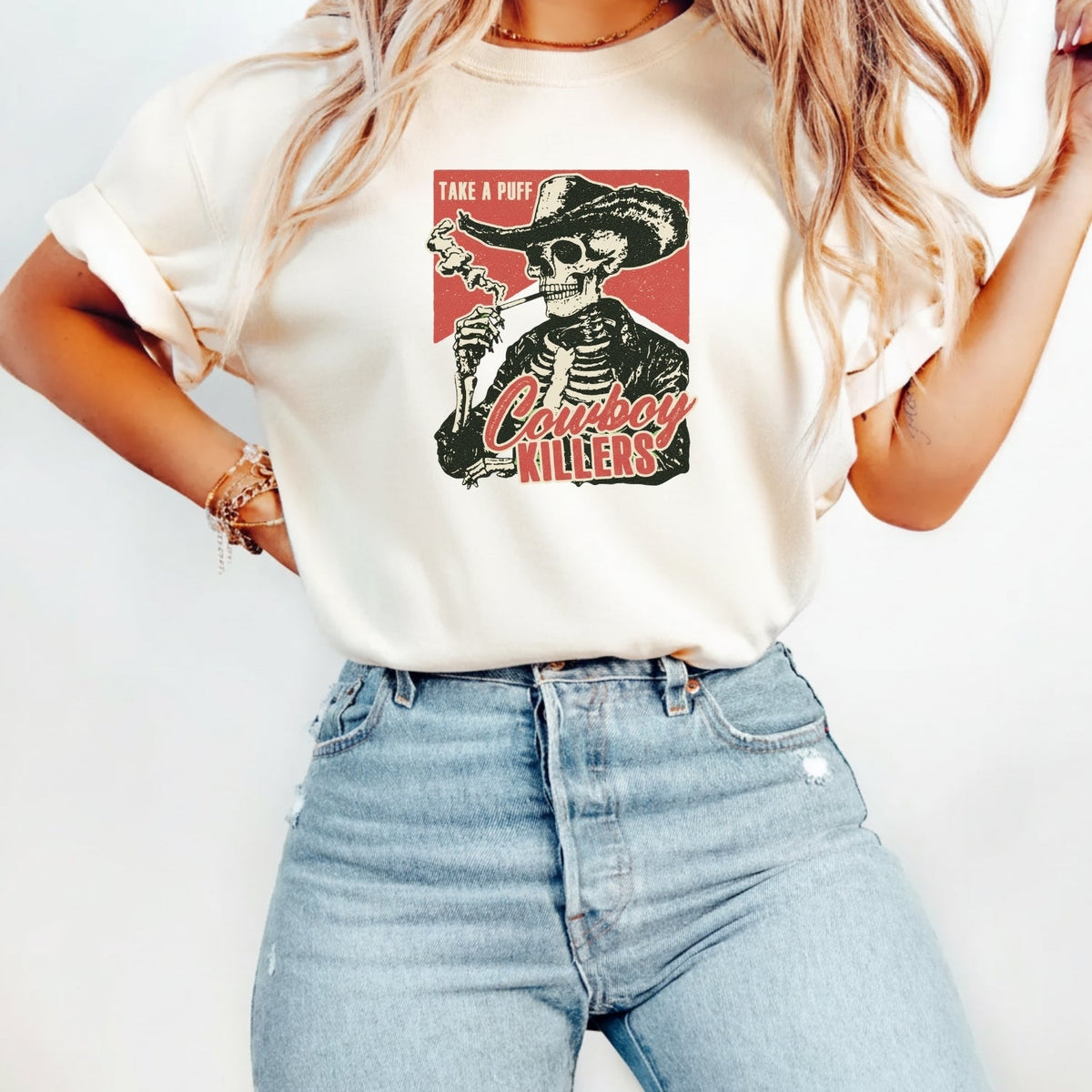 Vintage Skeleton Take A Puff Cowboy T-Shirt - Western Skull product image 11
